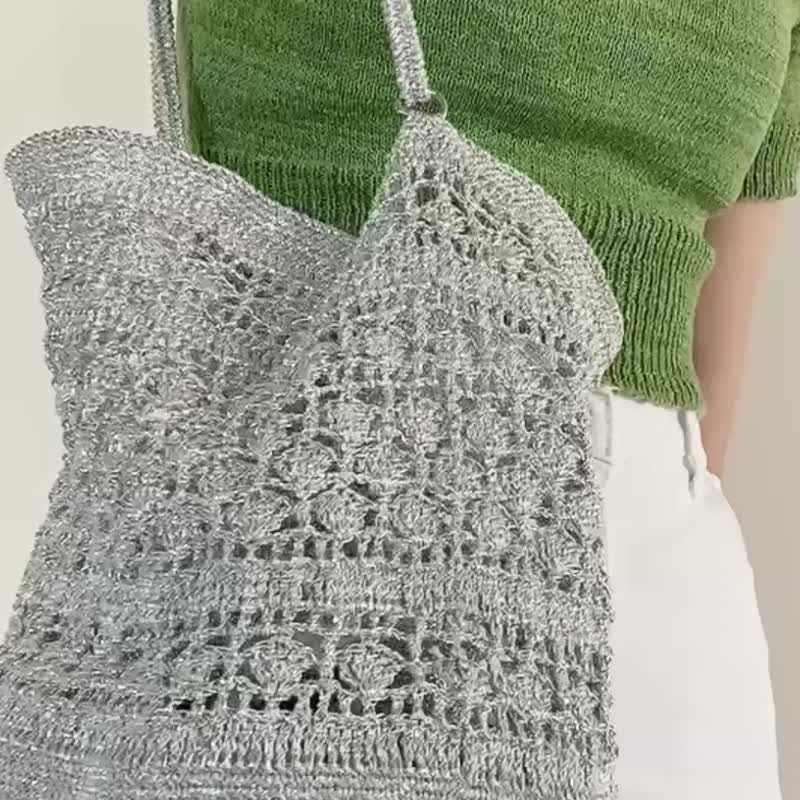 Summer Silver Shell & Net Bag Crochet shoulder bag - 手提包/手提袋 - 聚酯纖維 銀色