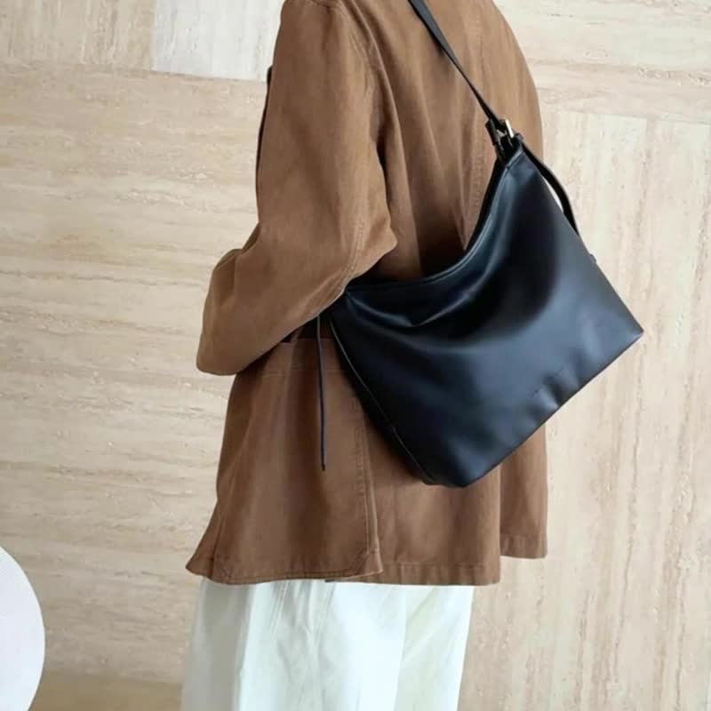 sobag高級感真皮百搭大容量單肩斜挎hobo包簡約通勤牛皮大托特包 - 側背包/斜孭袋 - 真皮 黑色