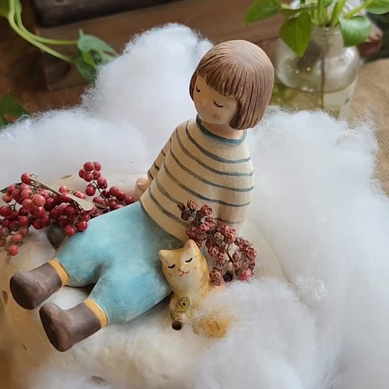 Girl and cat on the clouds - Stuffed Dolls & Figurines - Pottery 