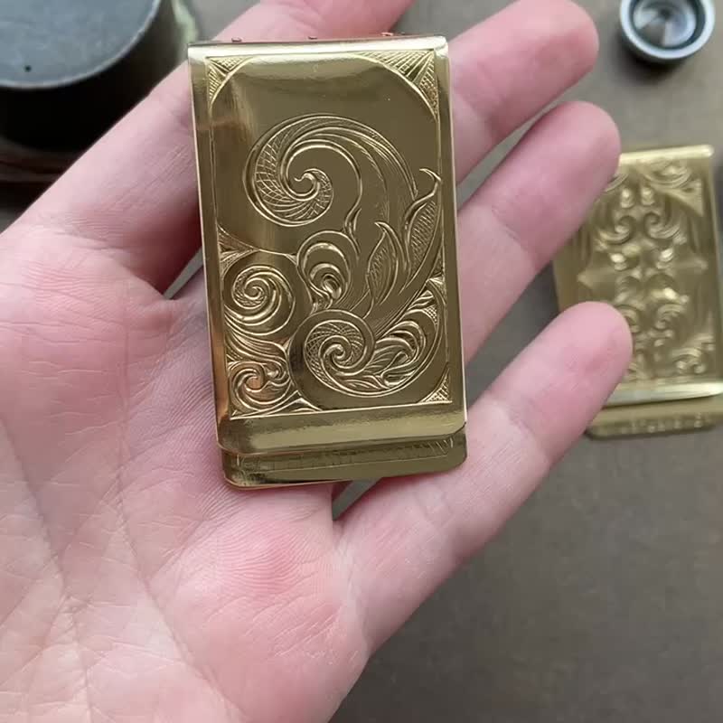 Unique Brass Money Clip Holder Handmade Engraved Whorls Pattern Pocket Wallet - 其他 - 銅/黃銅 黃色