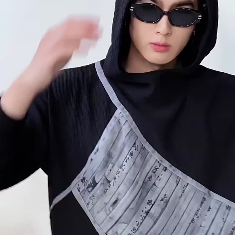 【推薦】國風古風拼接連帽衛衣  男士上衣休閑帽衫 - 男 T 恤 - 聚酯纖維 