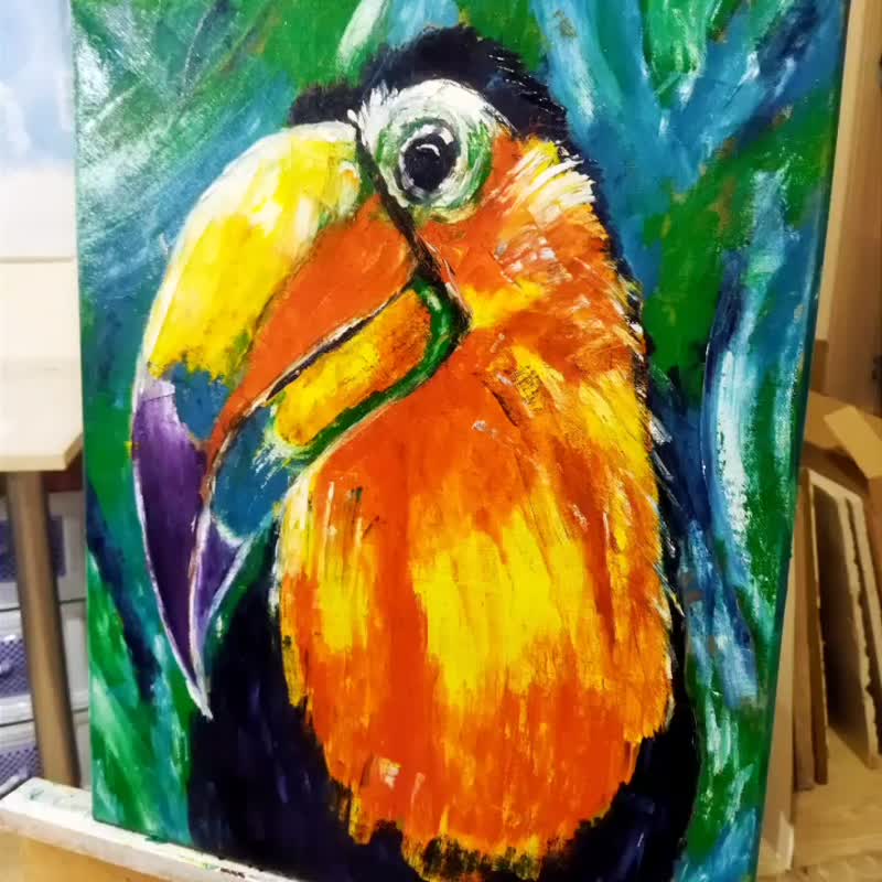 Oil painting on canvas with a bird 50x40 cm - Wall Décor - Cotton & Hemp Orange