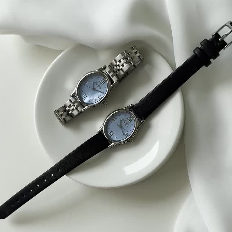 Ven&Qu Gem-Silver/Aquamarine (Black Leather) - นาฬิกาผู้หญิง - โลหะ สีน้ำเงิน