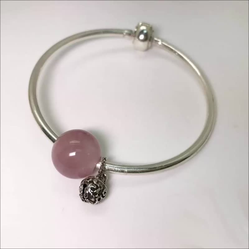 Rose Quartz Precious Stones Silver Bangle 14mm Bead with Silver Bead Charm - Bracelets - Sterling Silver Pink