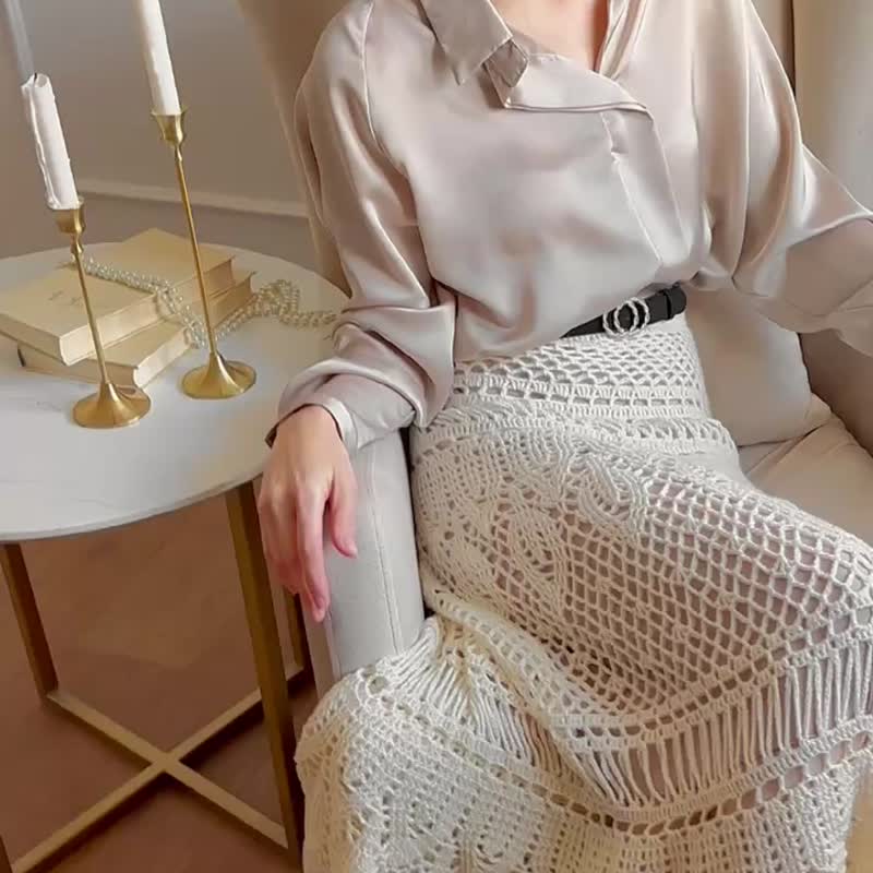 Cream white hand crochet maxi skirt for women - 裙子/長裙 - 羊毛 