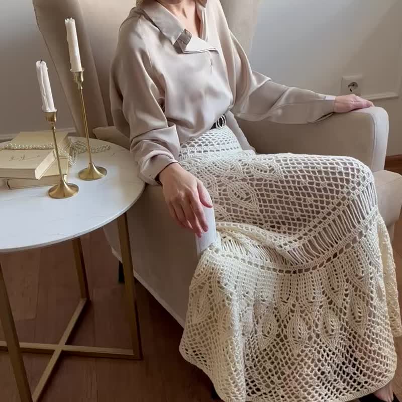 Cream white hand crochet maxi skirt for women - 裙子/長裙 - 羊毛 