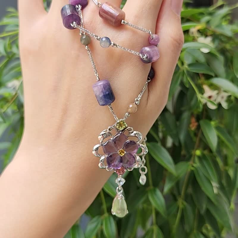 稀有 彩色藍寶石 剛玉 紫水晶 葡萄 拓帕 多寶釧 彩虹 項鍊 單品 - 項鍊 - 寶石 多色