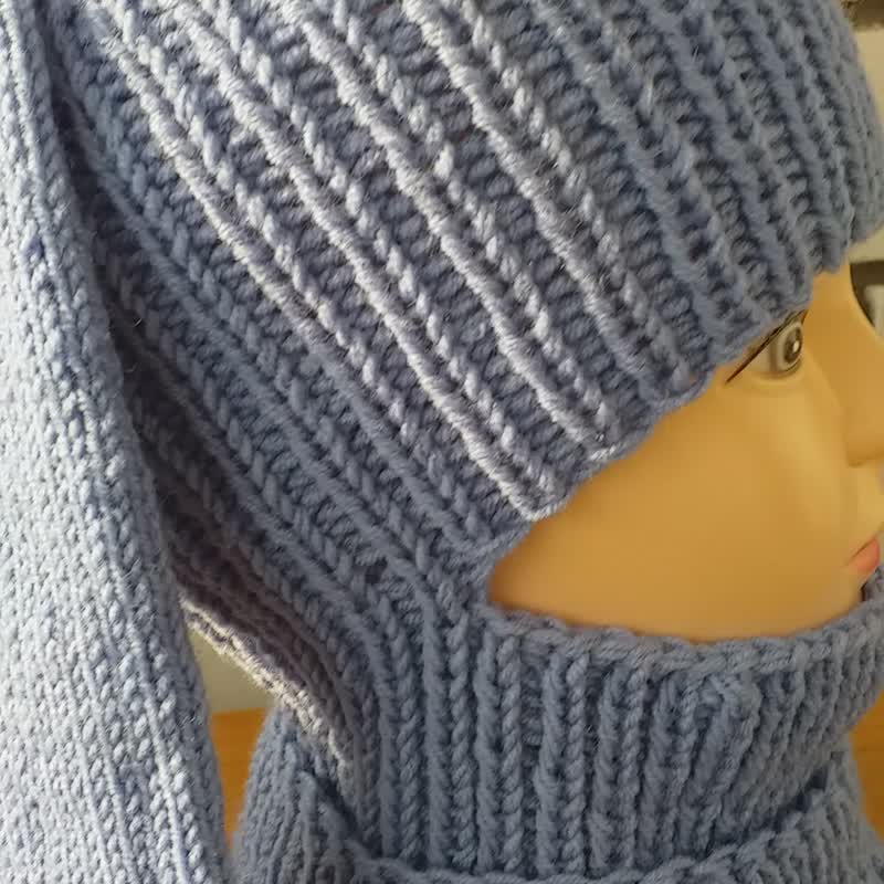 Blue balaclava with bunny ears, hand-knitted from wool - หมวก - ขนแกะ สีน้ำเงิน