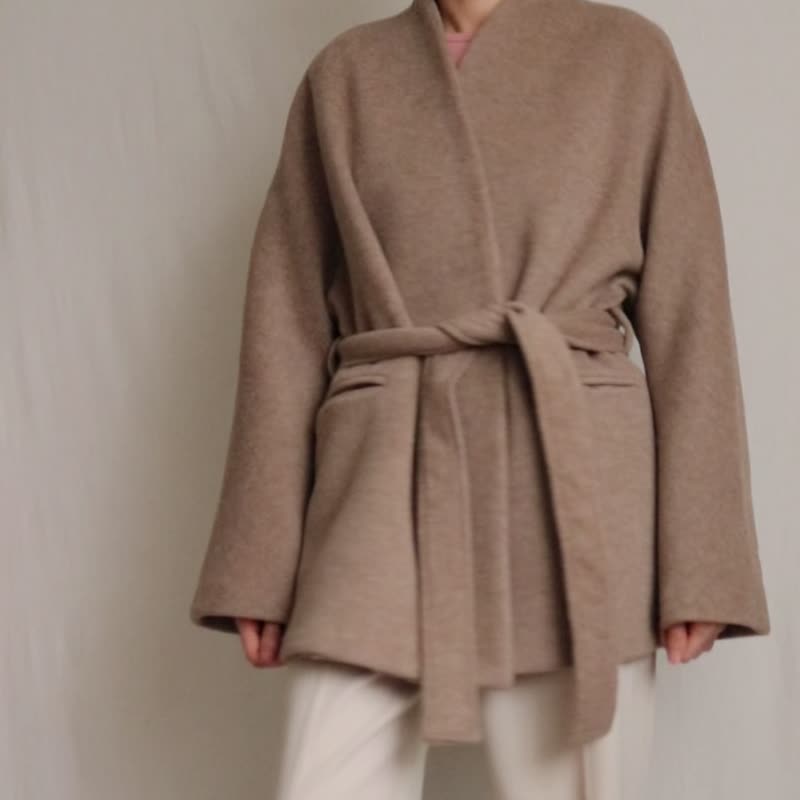 Modern Kimono Double Layer Lambswool Thick Strappy Short Coat - Rye Color Available in Some Sizes - Women's Blazers & Trench Coats - Wool 