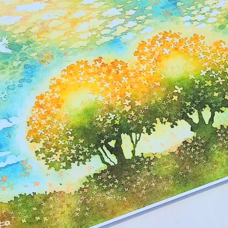 [The sky dyed in osmanthus] Interior Art Print Watercolor Painting Osmanthus Keika Landscape Stylish Living Room Wall Decor bird Painting Gift - โปสเตอร์ - กระดาษ สีส้ม