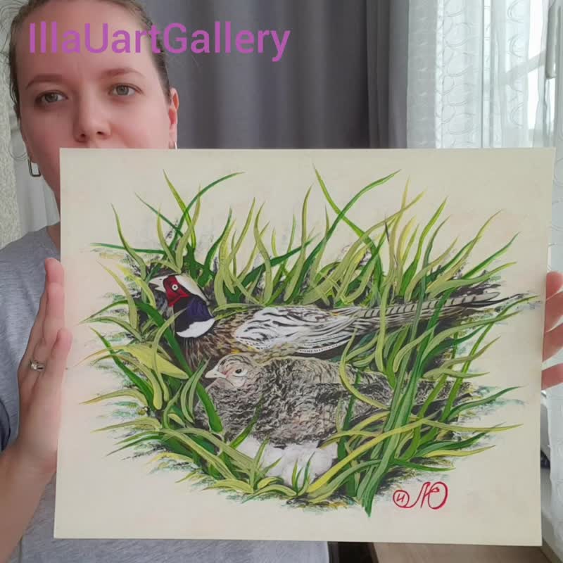Pheasant Painting Bird Nest Original Art Bird Wall Art Animal Acrylic Painting - 海報/掛畫/掛布 - 其他材質 多色