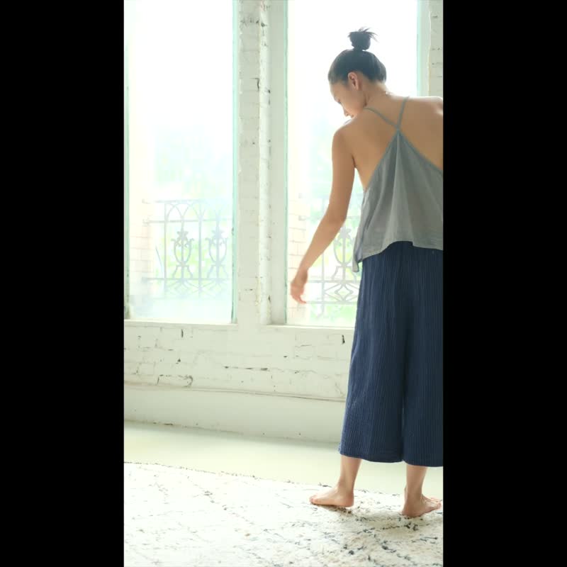條紋布料寬褲 / 雙層紗 米白 - 女長褲 - 棉．麻 白色