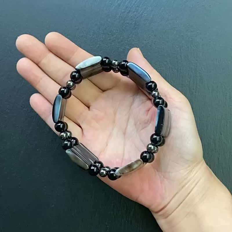 避邪保平安-寬版條紋黑瑪瑙x黑曜石x黑膽石手排 手環  客製化 - 手鍊/手環 - 水晶 多色