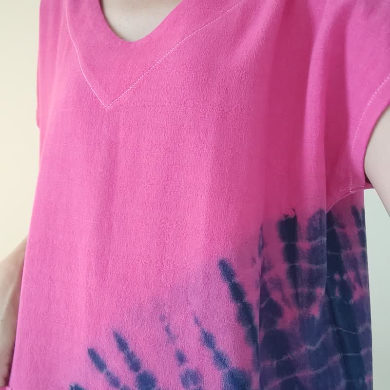 Hot Pink Dye Indigo - 紮染蜘蛛網超長連衣裙 - 連身裙 - 棉．麻 粉紅色