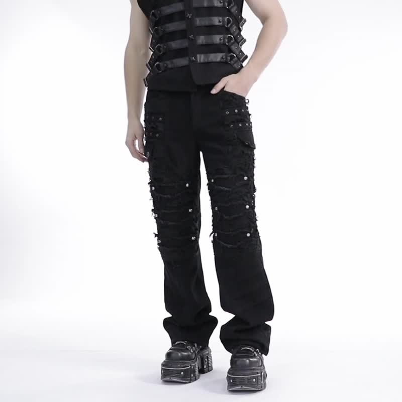 龐克地獄火俱樂部做舊直筒褲 - 男長褲/休閒褲 - 其他材質 黑色