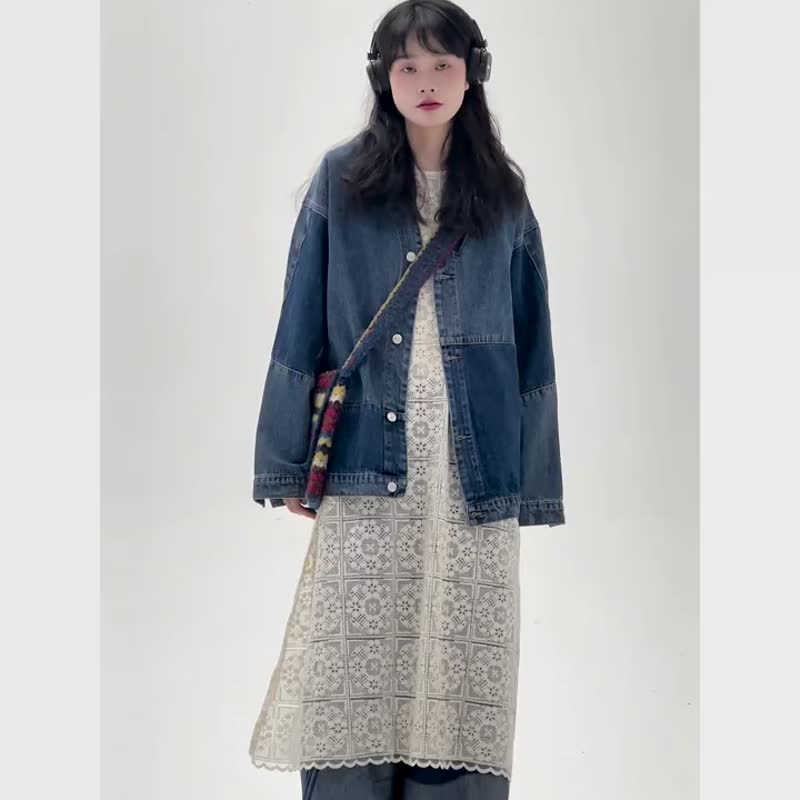Retro colorblock denim jacket long sleeve jacket casual versatile Hong Kong style denim top one size - เสื้อเชิ้ตผู้หญิง - ผ้าฝ้าย/ผ้าลินิน สีน้ำเงิน