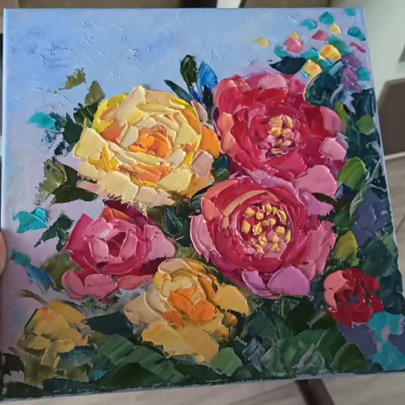 Pink Roses Painting Flowers Original Art Impasto Oil Painting on Canvas 30x30cm - 壁貼/牆壁裝飾 - 其他材質 