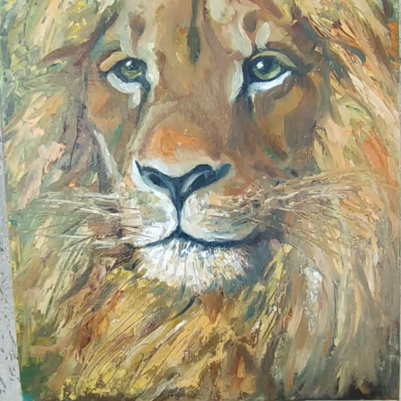 Lion Painting Animal Original Art Portrait Oil Canvas Predator Wall Artwork - 海報/掛畫/掛布 - 其他材質 橘色