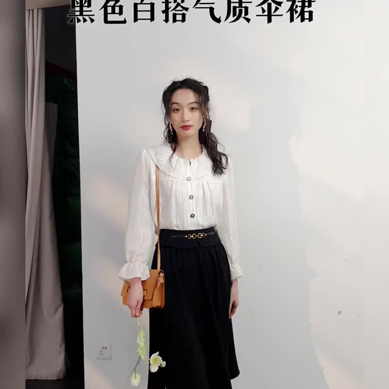 超百搭黑色傘裙 春裝新品顯瘦氣質洋裝 - 裙子/長裙 - 聚酯纖維 黑色
