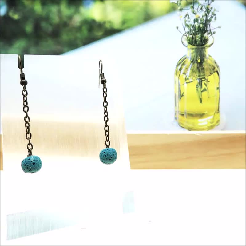 Dangle Hook Piercing Diffuser Earrings Powder Blue Aroma Rock Lava Beads - Earrings & Clip-ons - Stone Blue