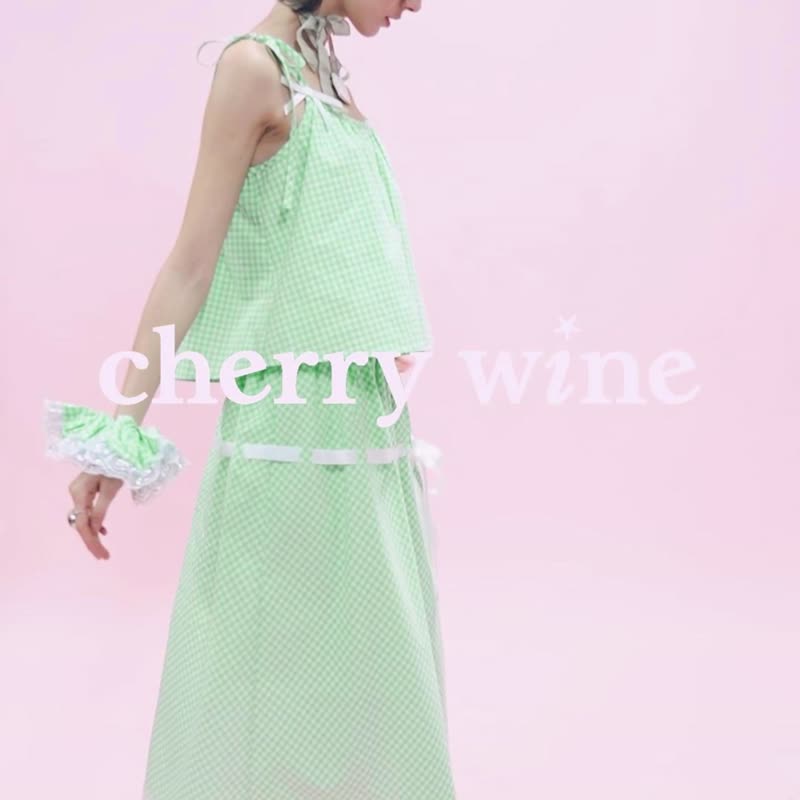 Cherrywine Green papaya green papaya skirt green lace ribbon loose middle-length women - กระโปรง - ผ้าฝ้าย/ผ้าลินิน สีเขียว