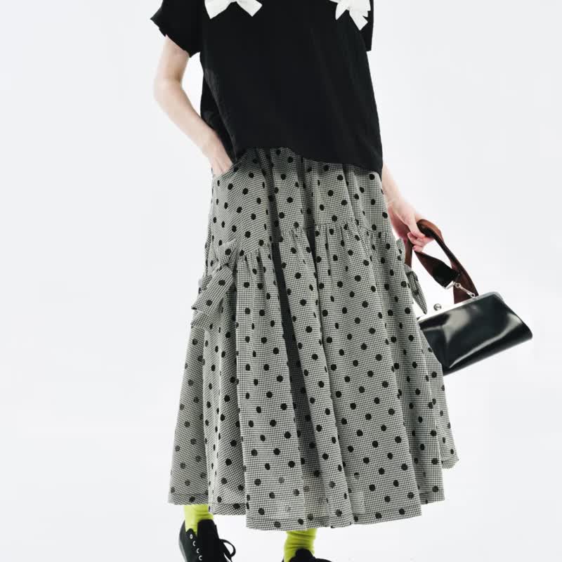 Black and white plaid dotted bow skirt/skirt - กระโปรง - ผ้าฝ้าย/ผ้าลินิน สีเทา