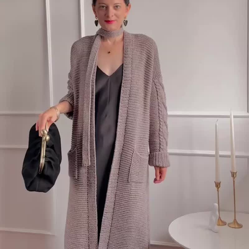 Long knitted cardigan Hand knit jacket with belt Brown sweater - 女毛衣/針織衫 - 羊毛 