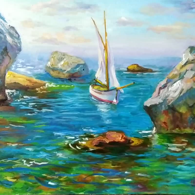 Scenery sailboat painting Original Ocean Art Cliffs Rocks Landscape artwork - 海報/掛畫/掛布 - 其他材質 藍色