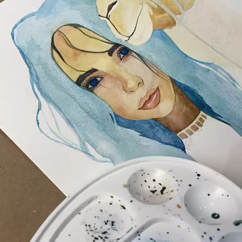 Watercolor painting girl with camel,animal,fantasy, blue,original gift - 壁貼/牆壁裝飾 - 紙 藍色