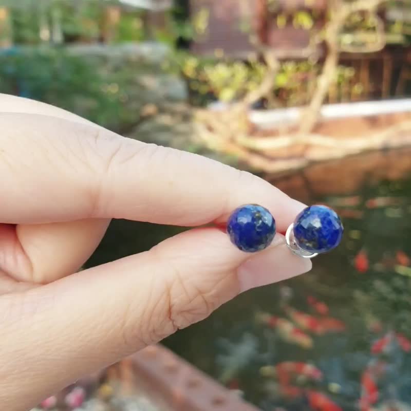 Lapis Lazuli earrings, round cut, silver 925 white gold plated frame - Earrings & Clip-ons - Semi-Precious Stones Blue