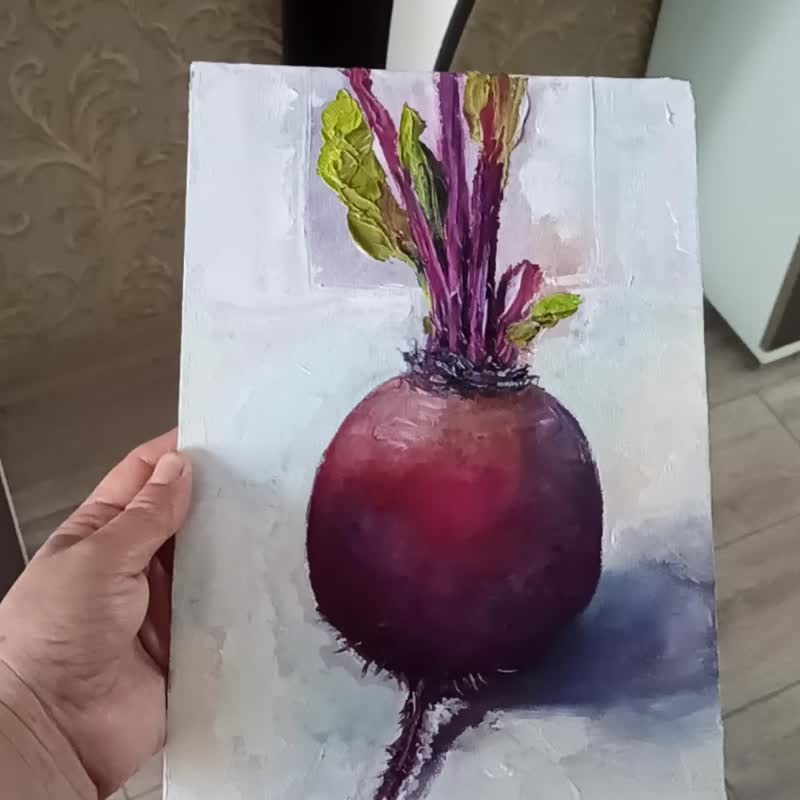 Red Beetroot Oil Painting on Canvas Board 30x20cm Original Art Kitchen Wall Art - 海報/掛畫/掛布 - 其他材質 多色