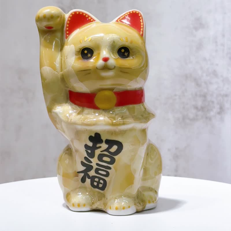 【金鈴迎祥】日本清水燒招財貓 | 花結晶 金花 招福 - 擺飾/家飾品 - 瓷 金色