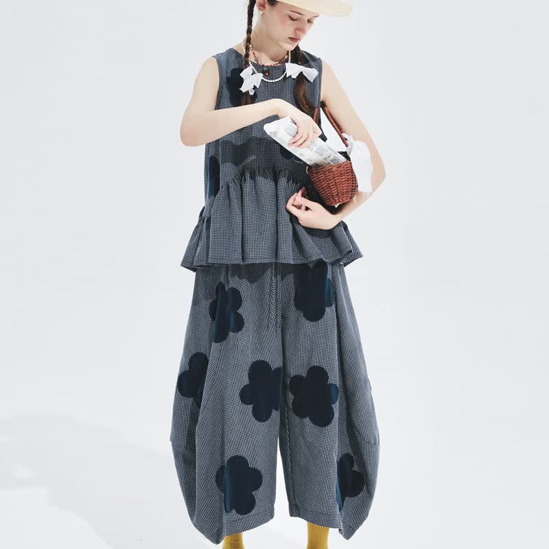 Large flower small plaid wide leg pants/Japanese and Korean casual pants - กางเกงขายาว - ผ้าฝ้าย/ผ้าลินิน สีน้ำเงิน