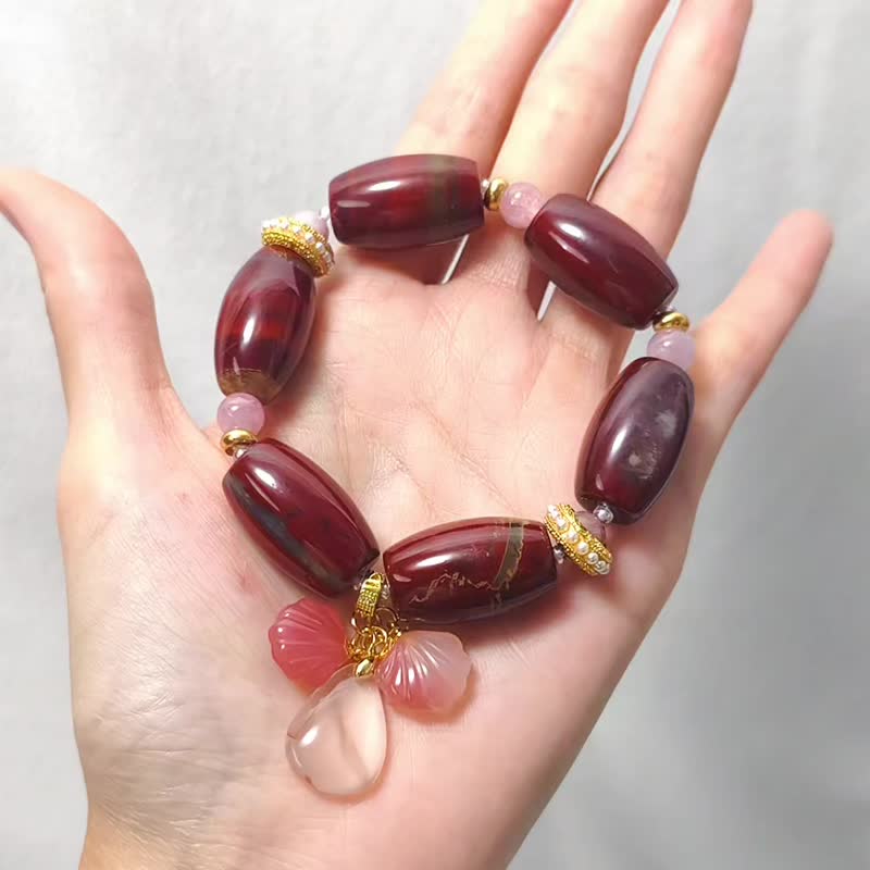 紅碧玉 粉碧璽 鹽源瑪瑙 南紅 鴻運當頭 招財 手鍊 單品 禮物 - 手鍊/手環 - 寶石 紅色