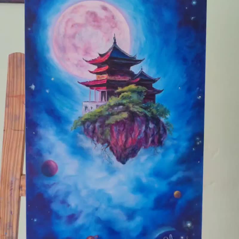 超現實風格的原創油畫佛教寺廟。 - 海報/掛畫/掛布 - 棉．麻 藍色