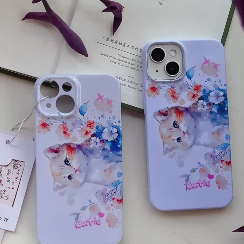 Cute cat dreaming original mobile phone case hand-painted watercolor cute simple fresh suitable for iPhone 15 - อุปกรณ์เสริมอื่น ๆ - วัสดุอื่นๆ 