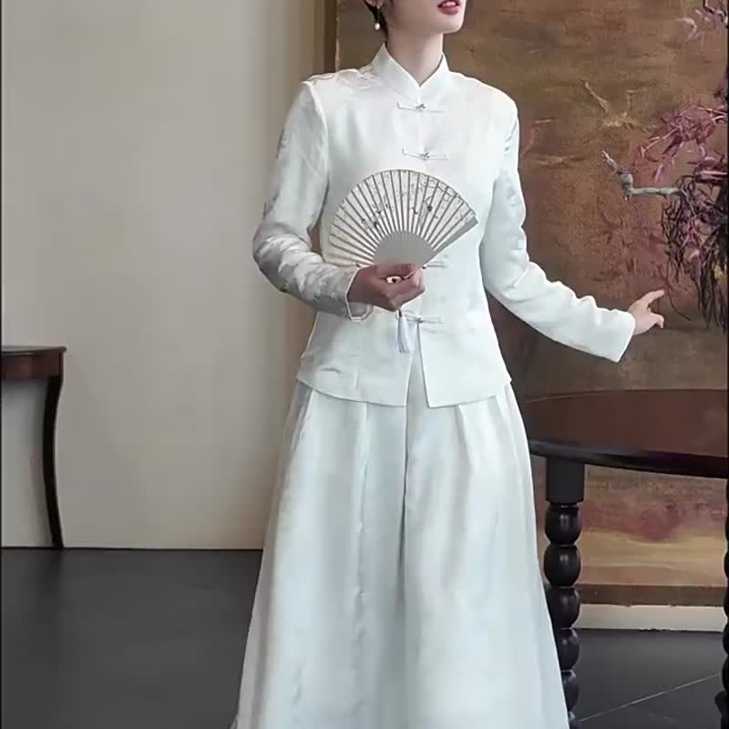 月瀾 白色兩件式套裝 訂婚改良唐裝 新中式國風 新娘婚禮晨袍禮服 - 旗袍/改良式旗袍 - 其他人造纖維 白色