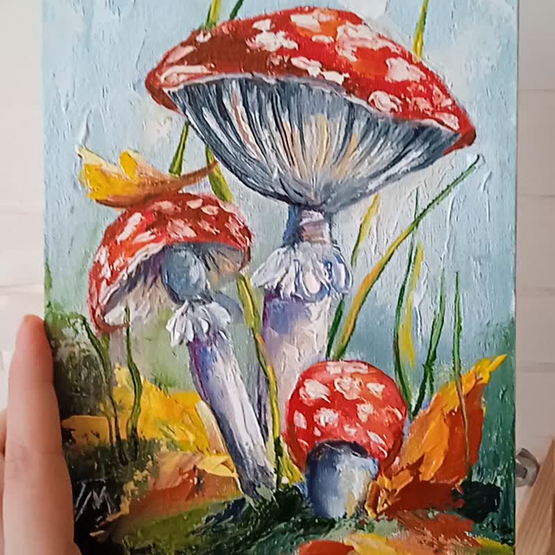 Mushrooms Painting Fly Agaric Painting Original Art Oil On Canvas 6*8in - 海報/掛畫/掛布 - 其他材質 紅色