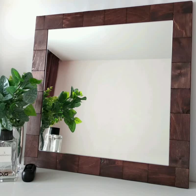 Wall Mirror hanging mirror mirror in a wooden frame brown mirror wooden tile - 壁貼/牆壁裝飾 - 木頭 咖啡色