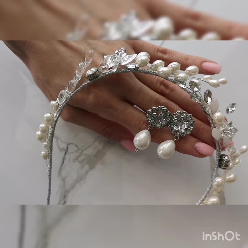 Pearl boho headpiece delicate crystal Silver wedding tiara, metal flower tiara