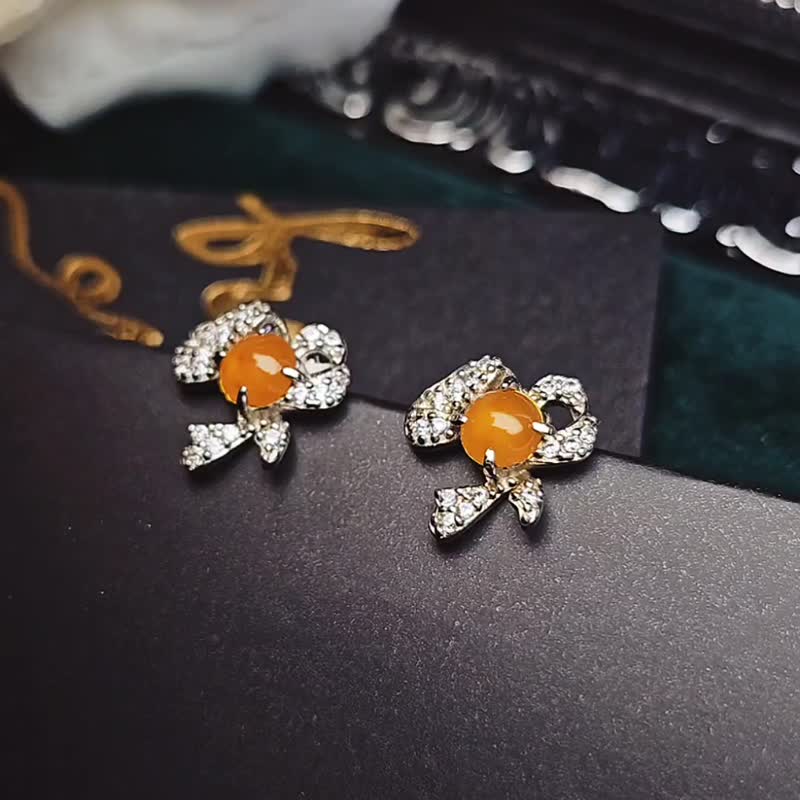 招財 送禮|法式甜美|高冰芬達黃翡蛋面4.5mm純銀鍍18k蝴蝶結耳環 - 耳環/耳夾/耳骨夾 - 玉石 