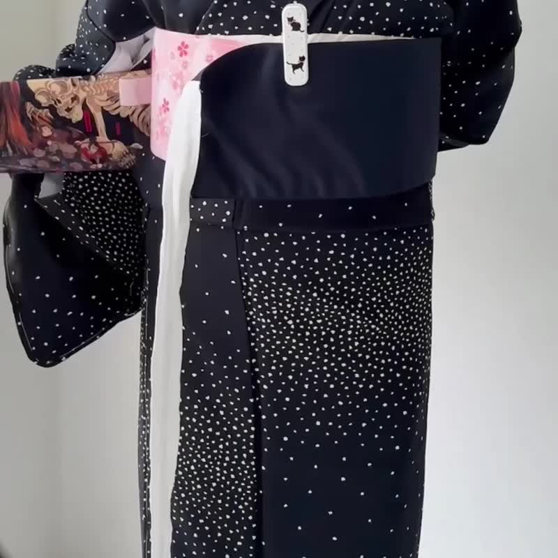 預繫式定型名古屋帶-日本梅花紋 簡易太鼓結 雙層設計 茶道與和服 - 皮帶/腰帶 - 聚酯纖維 黑色