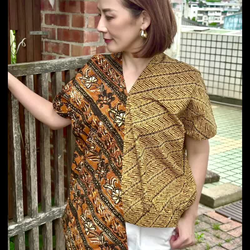 渡假風純棉咖啡色幾何圖騰不對稱拼接鬆緊帶縮口四角衣 - 背心/無袖上衣 - 棉．麻 咖啡色