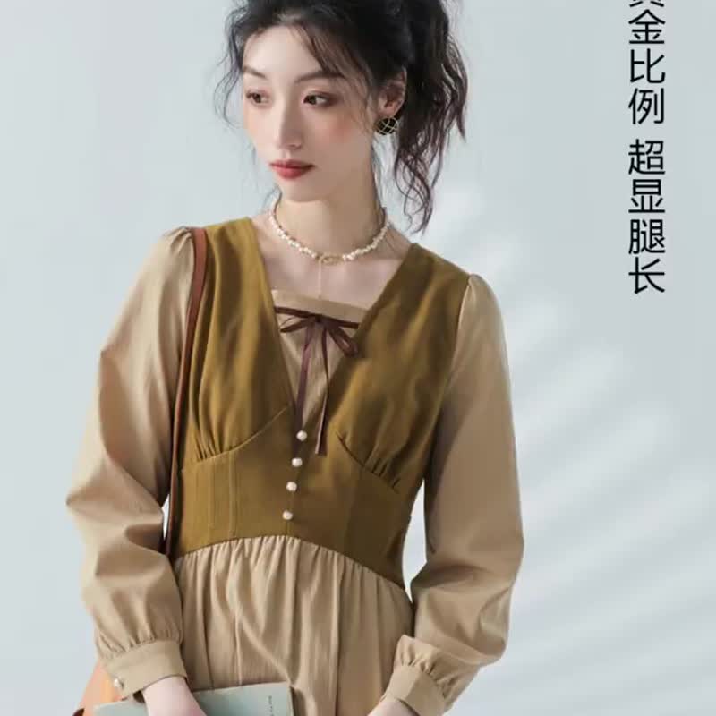 Autumn new arrival contrast color faux two piece bow dress long sleeve high waist slim girl French retro dress - One Piece Dresses - Other Materials Yellow