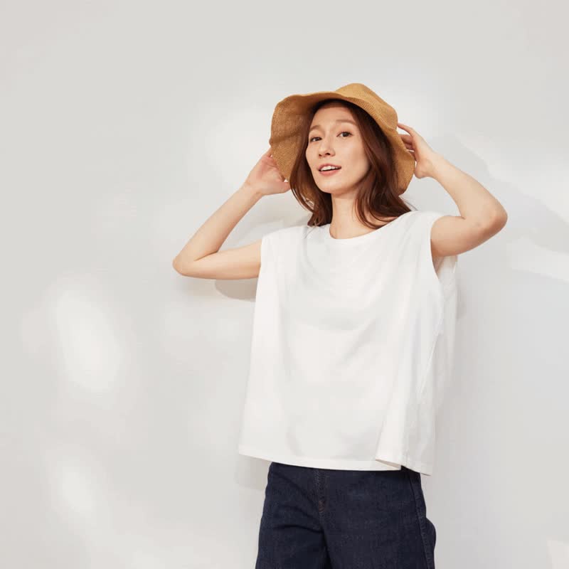 棉．麻 女 T 恤 白色 - 法國小毛圈落肩短T上衣(三色)