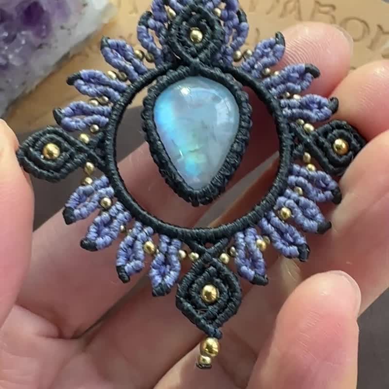 N1193 蠟線編織 月亮石 拉長石珠 銅珠 頸鏈 (可調長度) - 項鍊 - 寶石 藍色