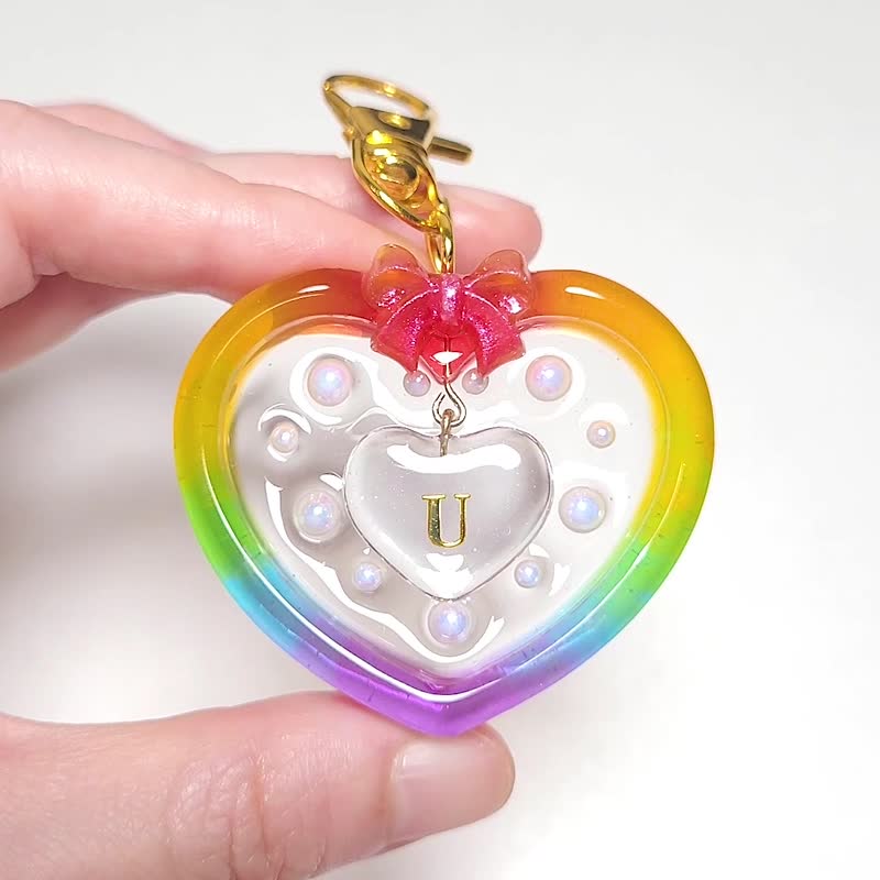 [Customized] Rainbow Love Pearl Shaking Keychain with Personalized English Letters - Keychains - Resin Multicolor