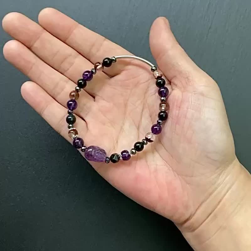 招財開運-紫水晶x紅幽靈x黑曜石x黑膽石x紫水晶貔貅925純銀手鍊 - 手鍊/手環 - 水晶 多色