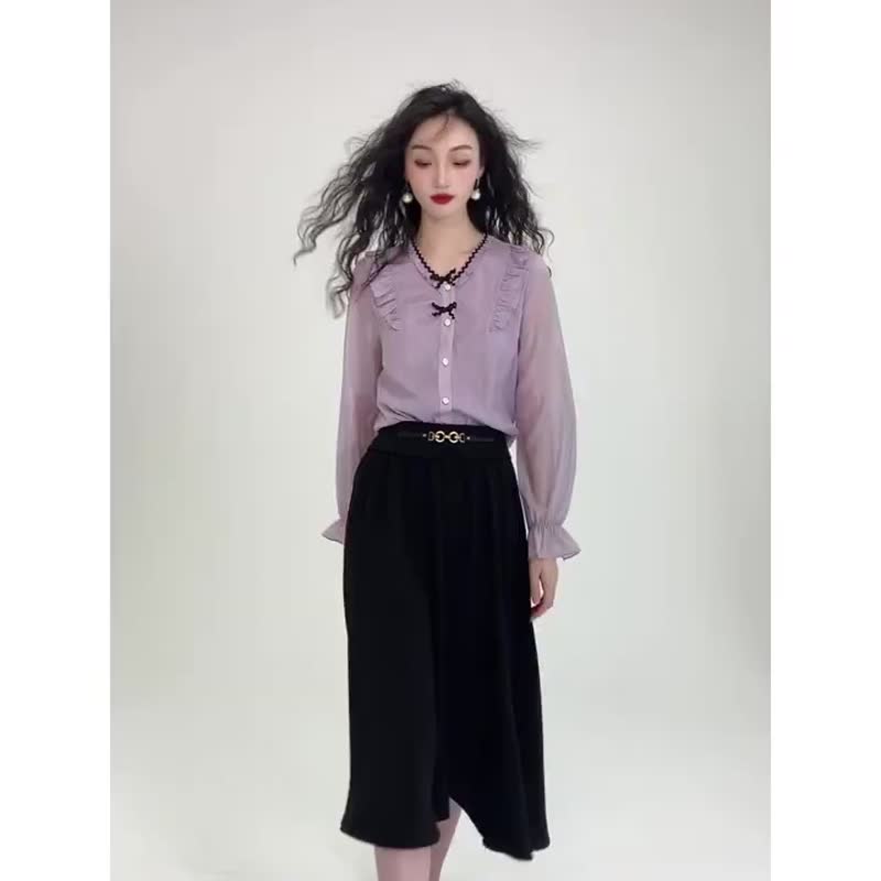 秋の新作 フレンチリボンと優しいアイリスパープルのフリル襟シフォン長袖ブラウス - シャツ・ブラウス - ポリエステル 