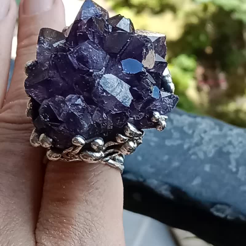 紫水晶原礦手工銀戒 純銀戒指~**紫晶花**~ Amethyst Silver Ring - 戒指 - 純銀 